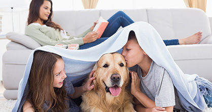  Los niños juegan con el perro mientras la madre lee.